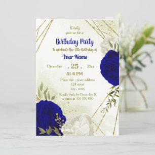 Invitación cumpleaños verde de flores blancas azules reales