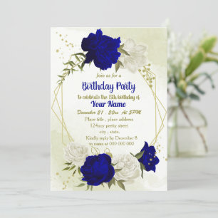 Invitación cumpleaños verde de flores blancas azules reales