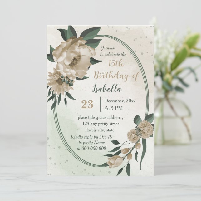 Invitación cumpleaños verde de flores de champán (Anverso de pie)