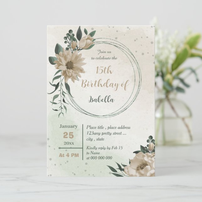 Invitación cumpleaños verde de flores de champán (Anverso de pie)