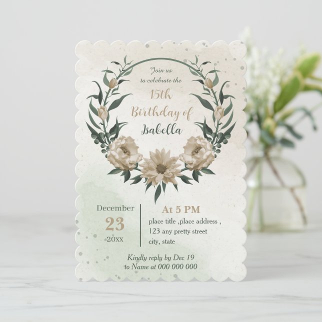 Invitación cumpleaños verde de flores de champán (Anverso de pie)