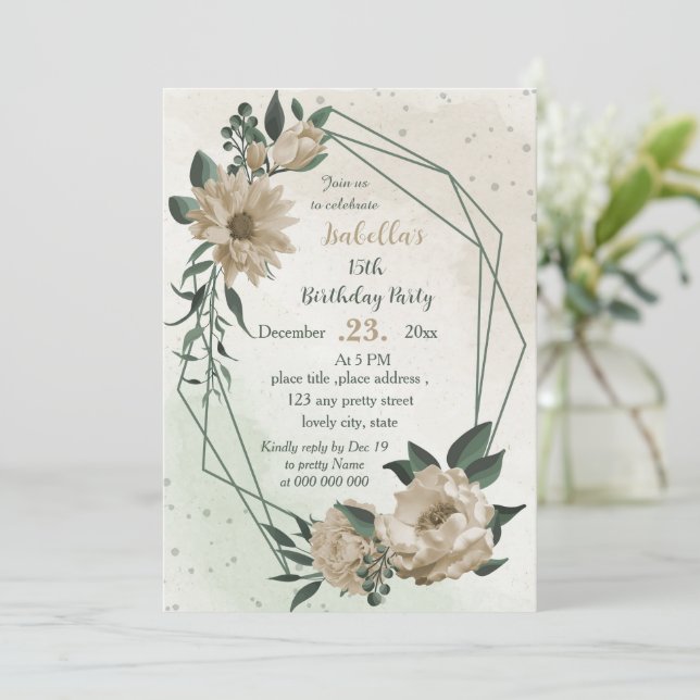 Invitación cumpleaños verde de flores de champán (Anverso de pie)