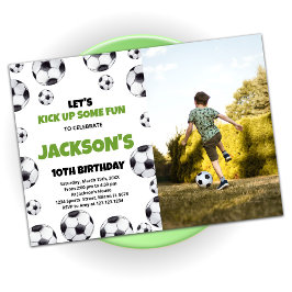 Invitación Cumpleaños Verde De Fútbol Blanco Con Foto