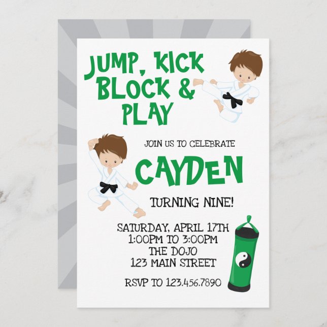 Invitación Cumpleaños Verde de Karate Ninja (Anverso / Reverso)