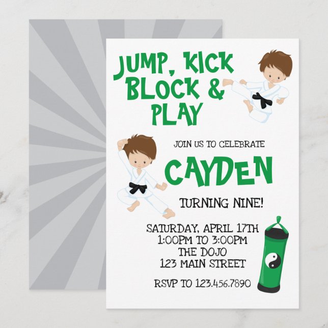 Invitación Cumpleaños Verde Karate Ninja  (Anverso / Reverso)