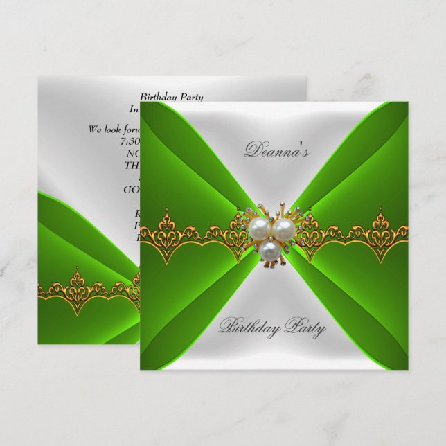 Invitación Cumpleaños Verde Lima Elegante Joyas Doradas Seda  (Anverso / Reverso)