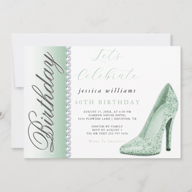 Invitación Cumpleaños Verde Posh Stiletto & Diamonds (Anverso)