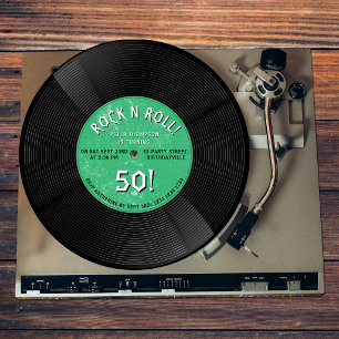 Invitación Cumpleaños Verde Rock N Roll Disco de Vinilo Retro