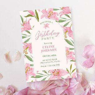 Invitación Cumpleaños verde rosa lirio flor pastel