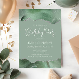 Invitación Cumpleaños Verde Salvia Agate Plata Cualquier Año