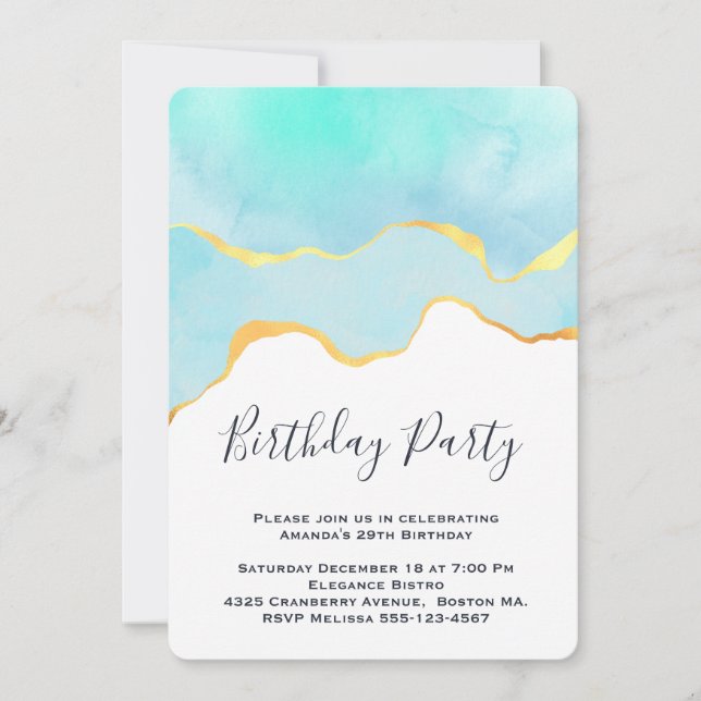 Invitación Cumpleaños Verde Tropical Hermoso con Borde Dorado (Anverso)
