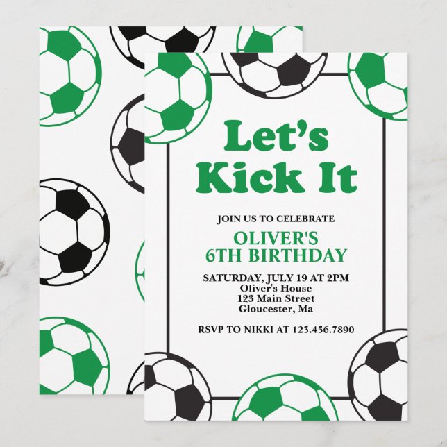 Invitación Cumpleaños Verde y Negro de Fútbol (Anverso / Reverso)