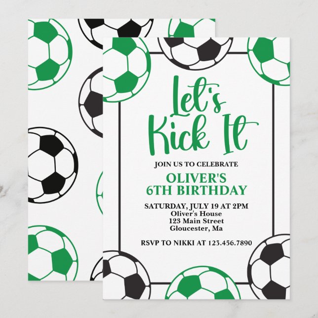 Invitación Cumpleaños verde y negro del fútbol (Anverso / Reverso)