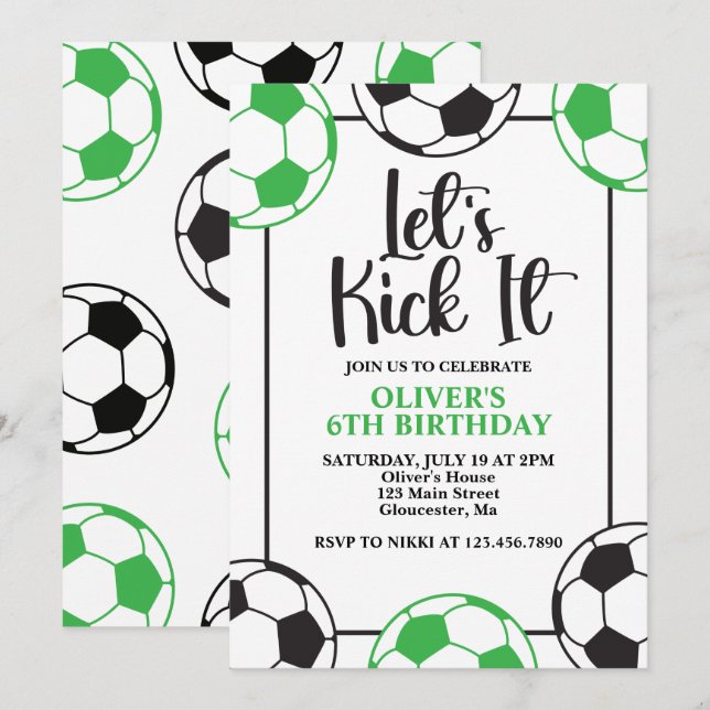 Invitación Cumpleaños verde y negro del fútbol (Anverso / Reverso)