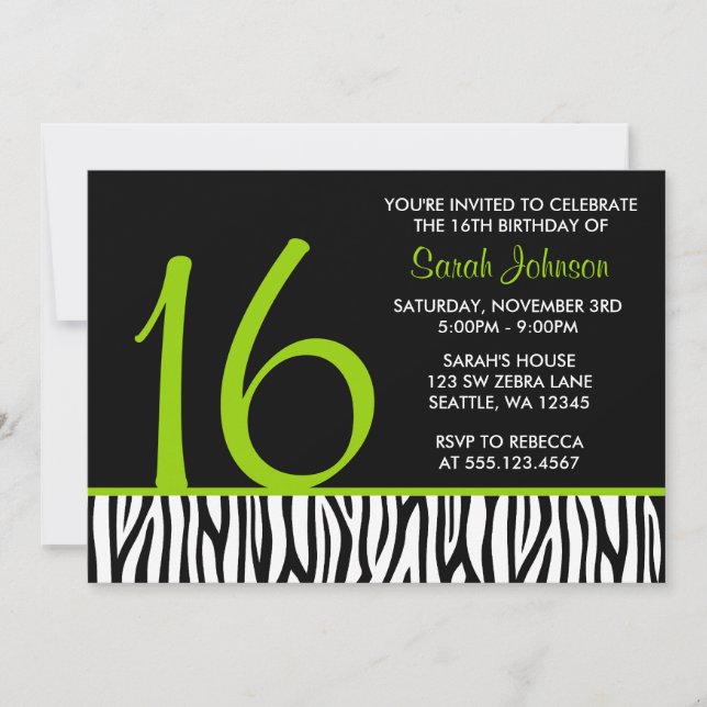 Invitación Cumpleaños verde y negro del número del dulce 16 (Anverso)