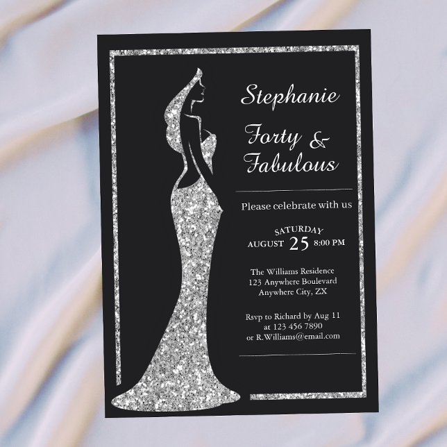 Invitación Cumpleaños vestido de cóctel de plata moderno para (Subido por el creador)