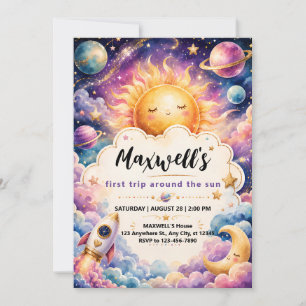Invitación Cumpleaños Viaje Alrededor del Sol Niño Acuarela 1