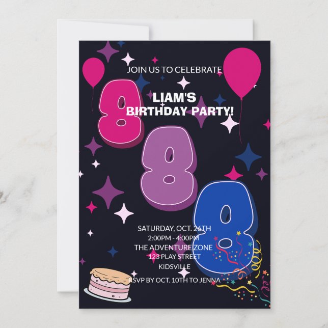 Invitación Cumpleaños vibrante 8  | Confeti rosa y azul (Anverso)