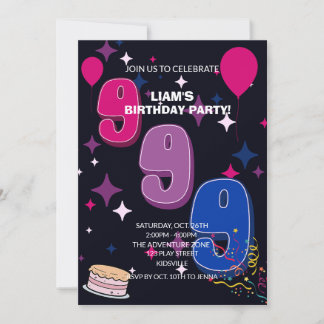 Invitación Cumpleaños vibrante 9 | Confeti rosa y azul