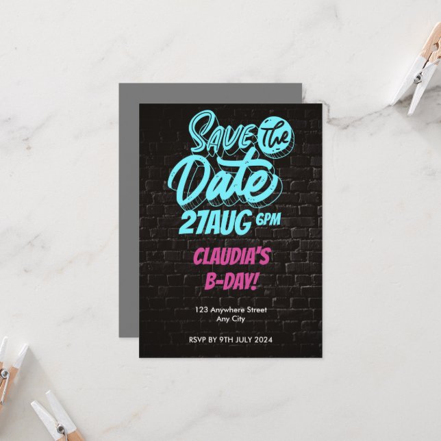 Invitación Cumpleaños Vibrante de Ladrillo de Neón para Guard (Anverso/Reverso In Situ)