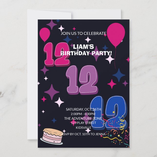 Invitación Cumpleaños vibrante número 12 | Confeti rosa y azu (Anverso)