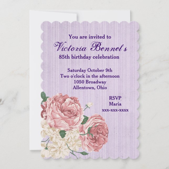 Invitación Cumpleaños victoriano con franjas moradas y Rosas (Anverso)