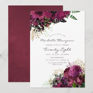 Invitación Cumpleaños Vintage Burgundy y Floral Dorado para c
