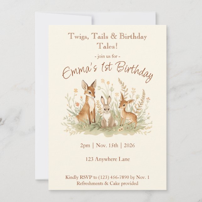 Invitación Cumpleaños vintage del bosque (Anverso)