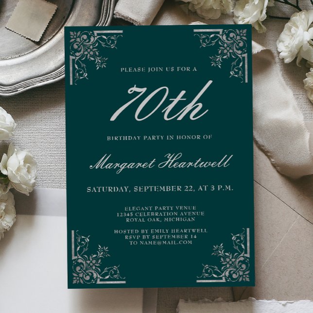 Invitación Cumpleaños Vintage Esmeralda Verde Plata 70 (Subido por el creador)