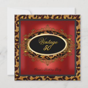 Invitación Cumpleaños Vintage Leopardo Rojo Dorado Negro 50