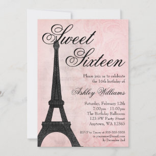 Invitación Cumpleaños Vintage Paris Rosa Negro Dulce 16