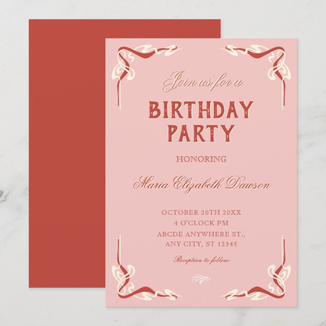Invitación Cumpleaños vintage retro rosa (Anverso / Reverso)