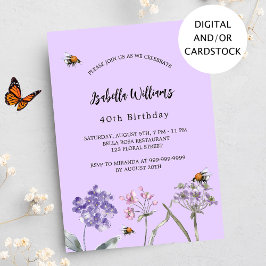 Invitación cumpleaños violeta de flores silvestres rosadas