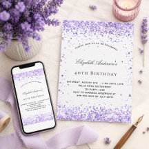 Cumpleaños violeta lavanda brillo escritura elegan