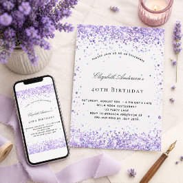 Invitación Cumpleaños violeta lavanda brillo escritura elegan