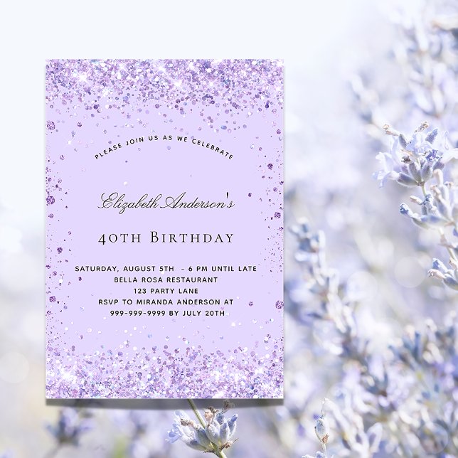 Invitación Cumpleaños violeta lila brillo script lujo (Subido por el creador)