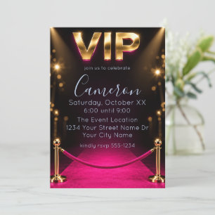 Invitación Cumpleaños VIP Alfombra Roja Rosa Caliente Negro y