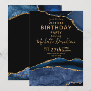 Invitación Cumpleaños virtual de la Marina Blue & Gold Agate
