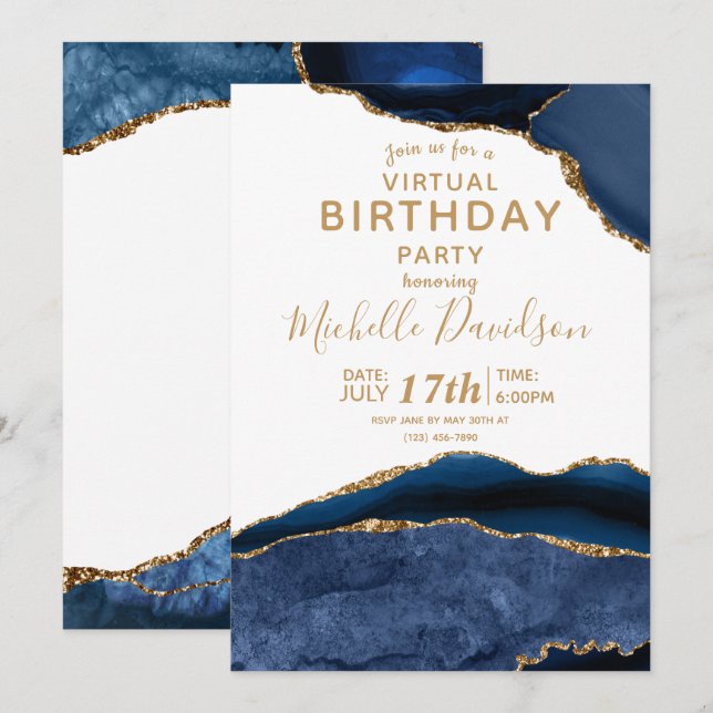 Invitación Cumpleaños virtual de la Marina Blue & Gold Agate (Anverso / Reverso)