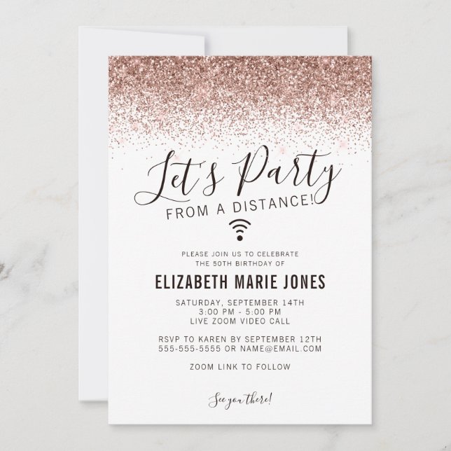 Invitación Cumpleaños virtual del Rosa Fiesta Purpurina de Or (Anverso)