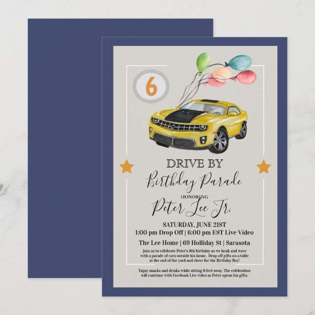Invitación Cumpleaños Virtual Drive By para Cualquier Edad (Anverso / Reverso)