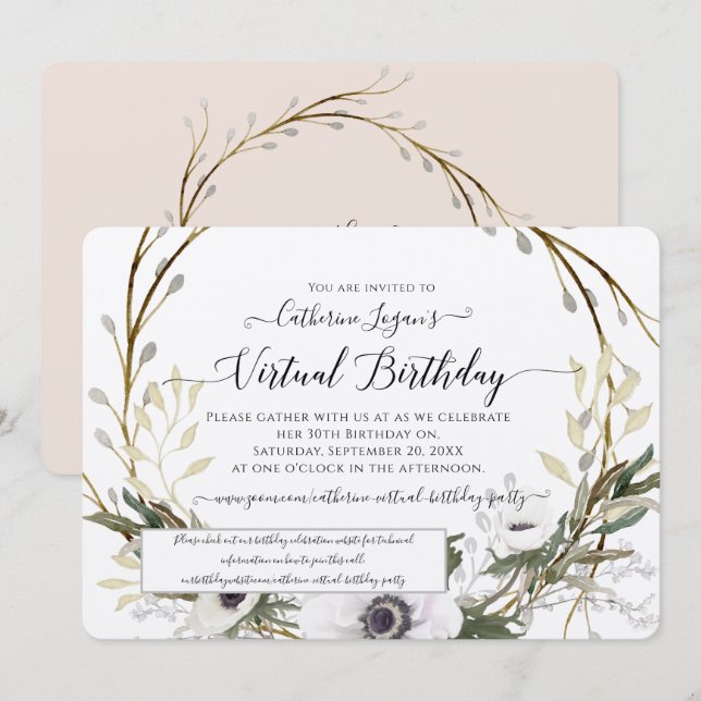 Invitación Cumpleaños virtual Rústica de Rubor de Floral Wrea (Anverso / Reverso)