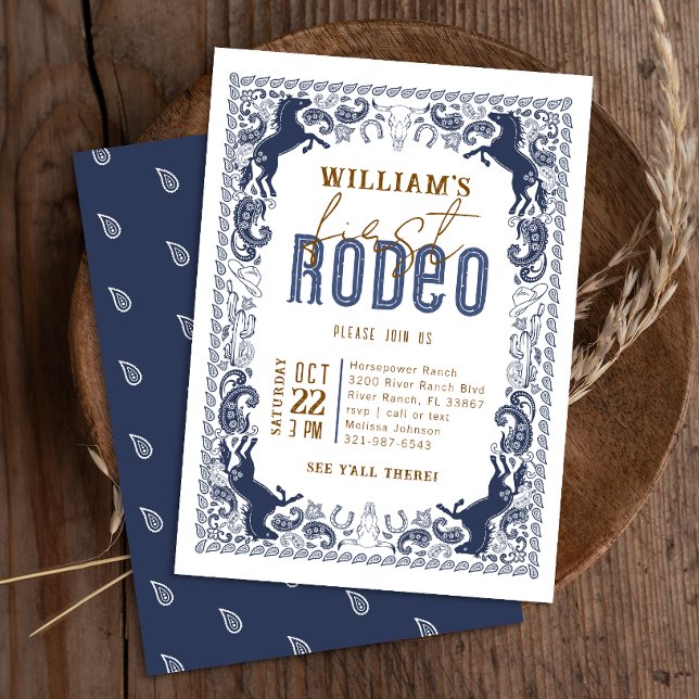 Invitación Cumpleaños Western Navy Blue First Rodeo (Wild West Birthday Invite - Navy Blue)