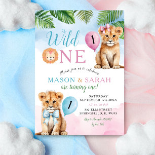 Invitación Cumpleaños Wild One de gemelos León Safari con laz