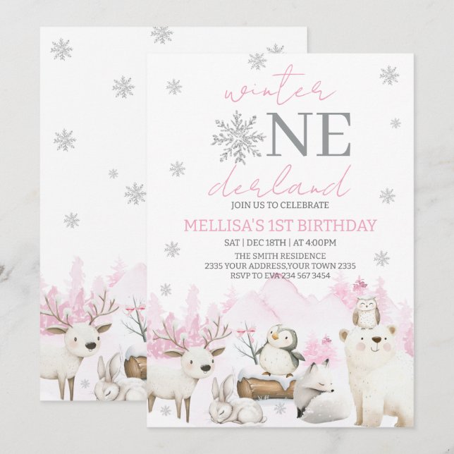 Invitación Cumpleaños Winter ONEderland primero (Anverso / Reverso)