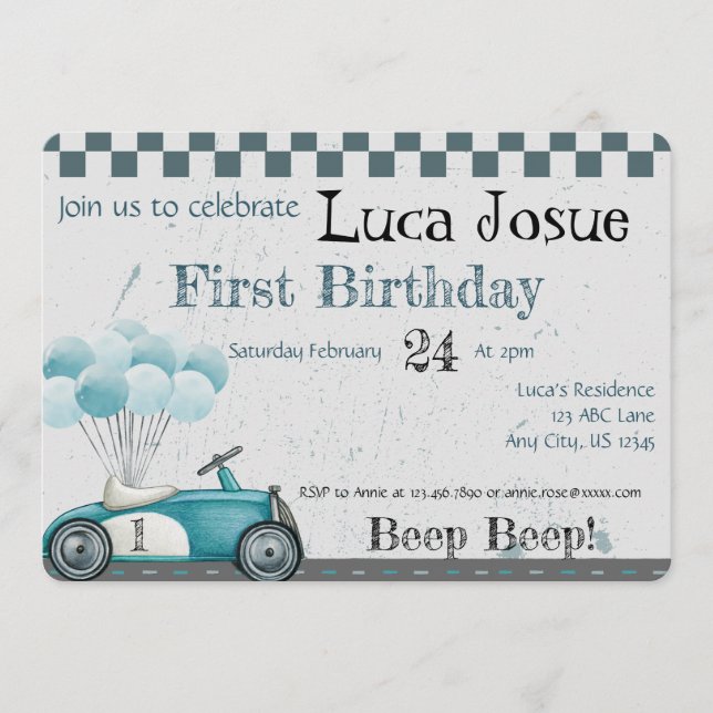 Invitación Cumpleaños y Baby Shower de Coche Antig (Anverso)