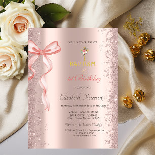 Invitación Cumpleaños y Bautizo con Lazo Rosa y Confeti de Or