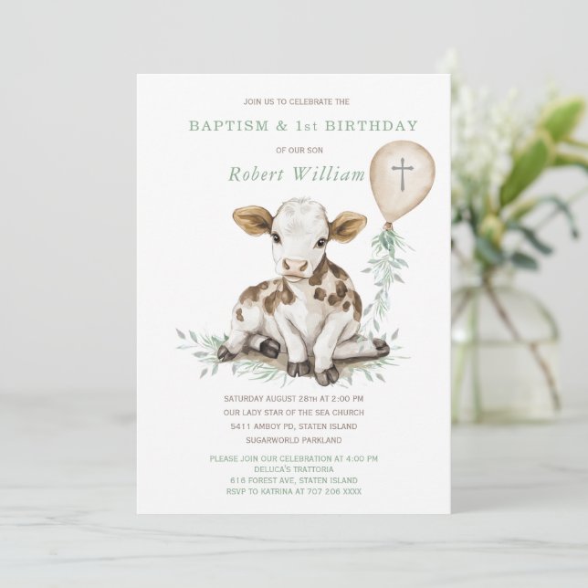 Invitación Cumpleaños y Bautizo de Niño Editable Primer Cumpl (Anverso de pie)