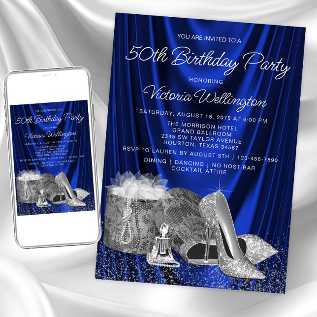 Invitación Cumpleaños Zapato de Plata Azul Real de Mujer Cual (Royal blue silver any event invitation. Instant download and printed invitations available.)