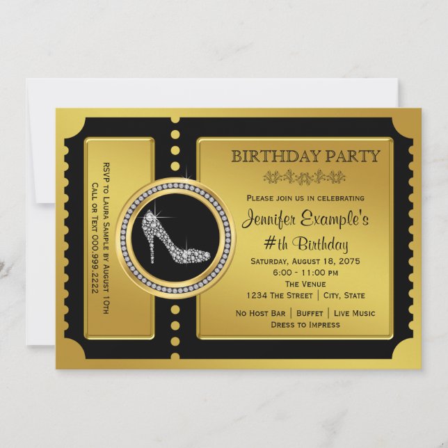 Invitación Cumpleaños Zapato de Tacón Alto Ticket de Oro (Anverso)
